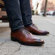 Men's Maroon Leather Oxfords Dress Shoes - model-siting