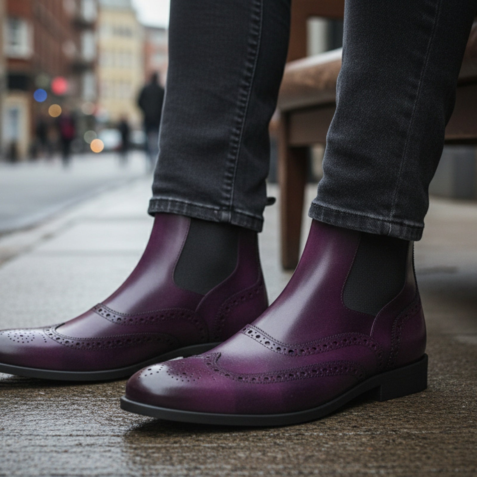 model-siting - Men's Maroon Leather Wingtip Brogue Ankle Boots