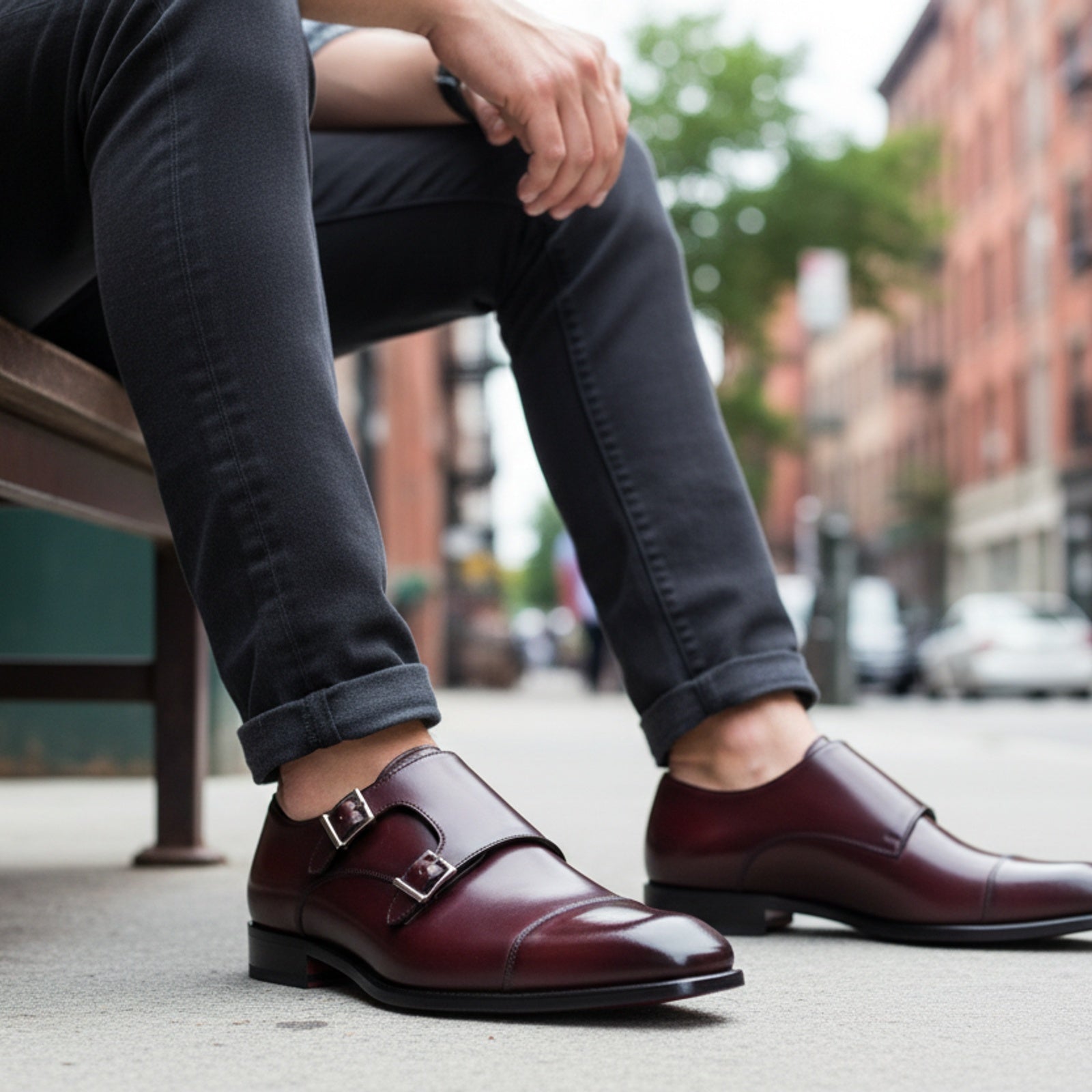 model-siting - Men's Maroon Monk Strap Leather Shoes