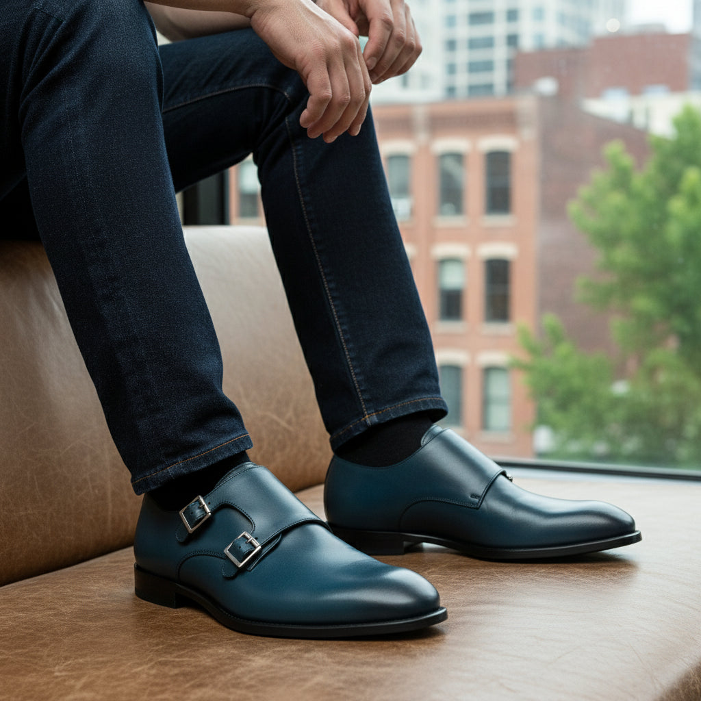 Men's Navy Blue Leather Monk Dress Shoes - model-siting