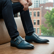 Men's Navy Blue Leather Monk Dress Shoes - model-siting