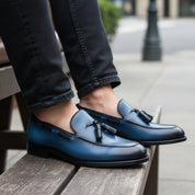 model-siting - Men's Navy Blue Leather Tassel Loafers