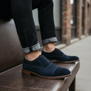 model-siting - Men's Navy Blue Suede Oxfords