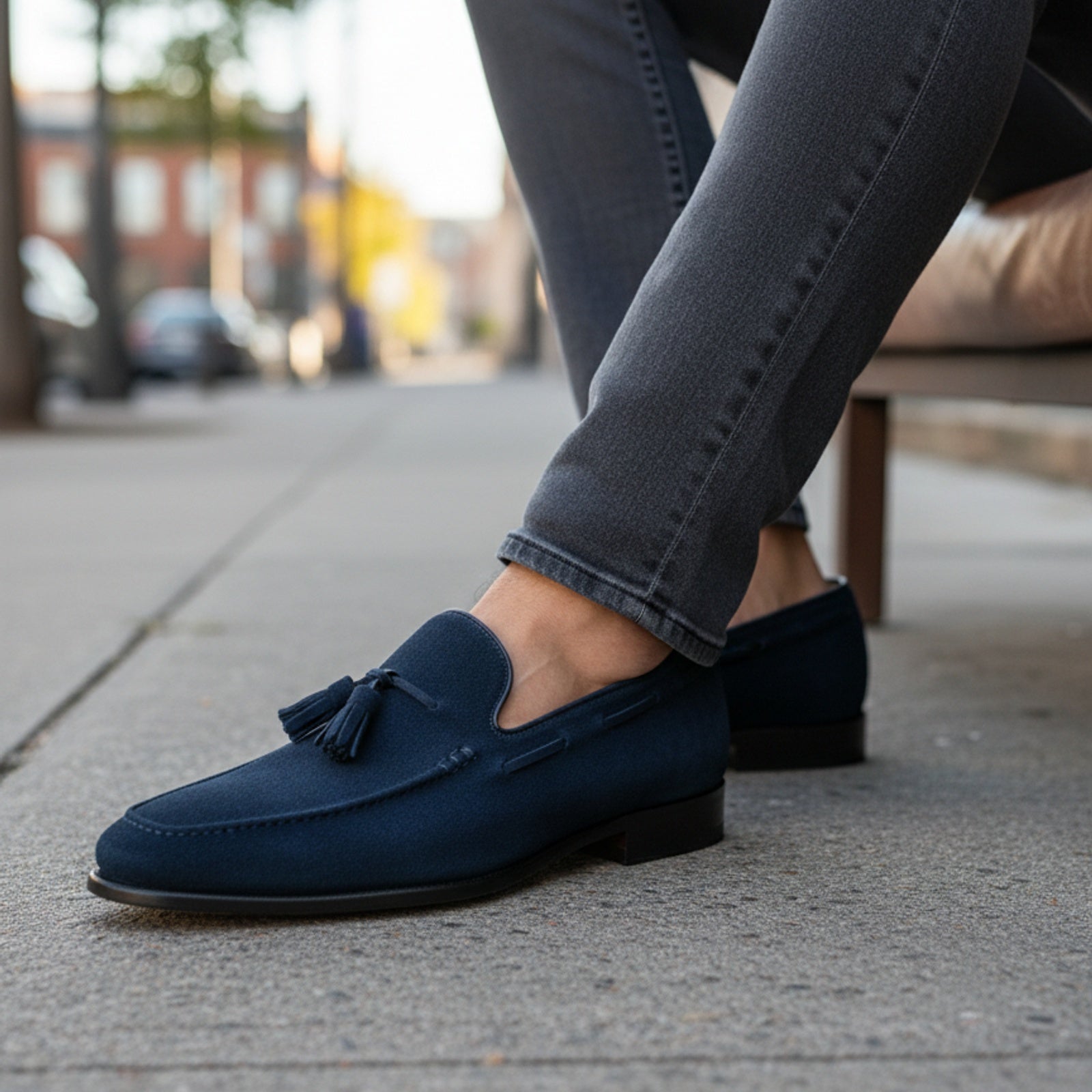 model-siting - Men's Navy Suede Tassel Loafers
