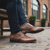 model-siting - Men's Navy Suede Wingtip Oxford Shoes