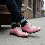 model-siting - Men's Pink Leather Oxford Shoes