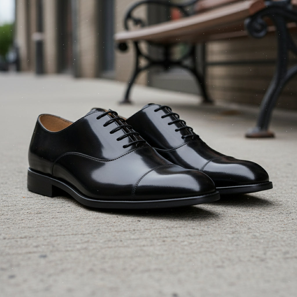 model-siting - Men's Polished Cow Leather Oxford Dress Shoes
