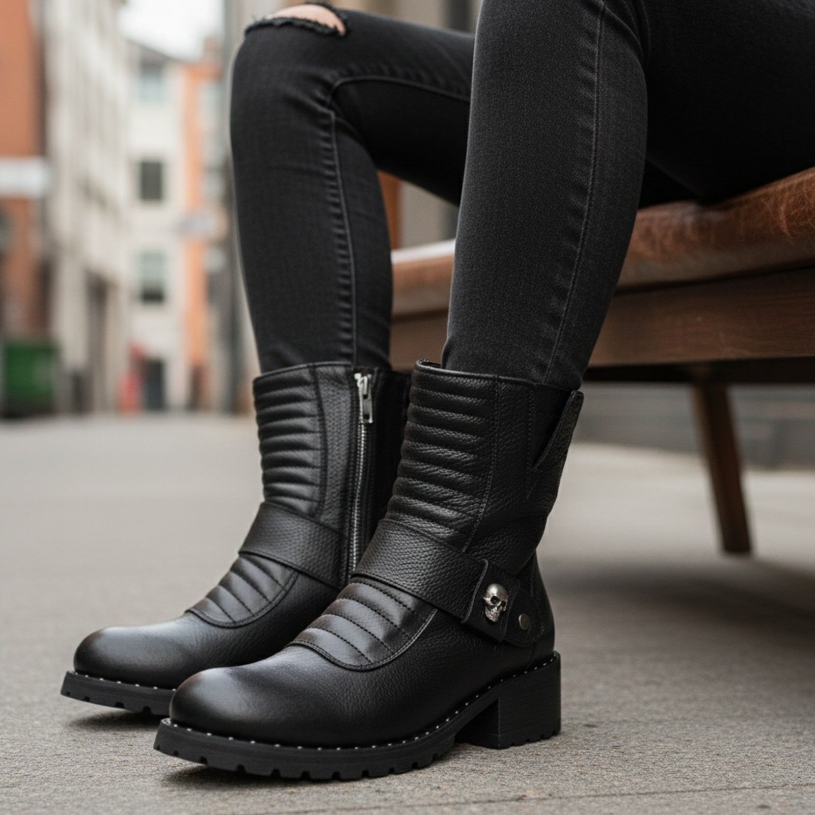 model-siting - Men's Protective Leather Motorcycle Boots