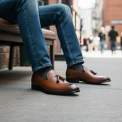 model-siting - Men's Rich Brown Tassel Loafer Leather Shoes