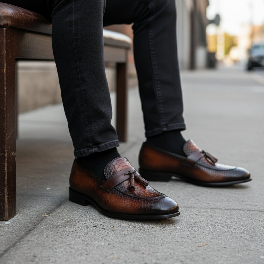 model-siting - Men's Shaded Tan Leather Tassel Loafers
