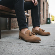 model-siting - Men's Suede Cow Leather Brogue Slip-on Shoes
