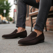 Men's Suede Slip-On Moccasins in Brown - model-siting