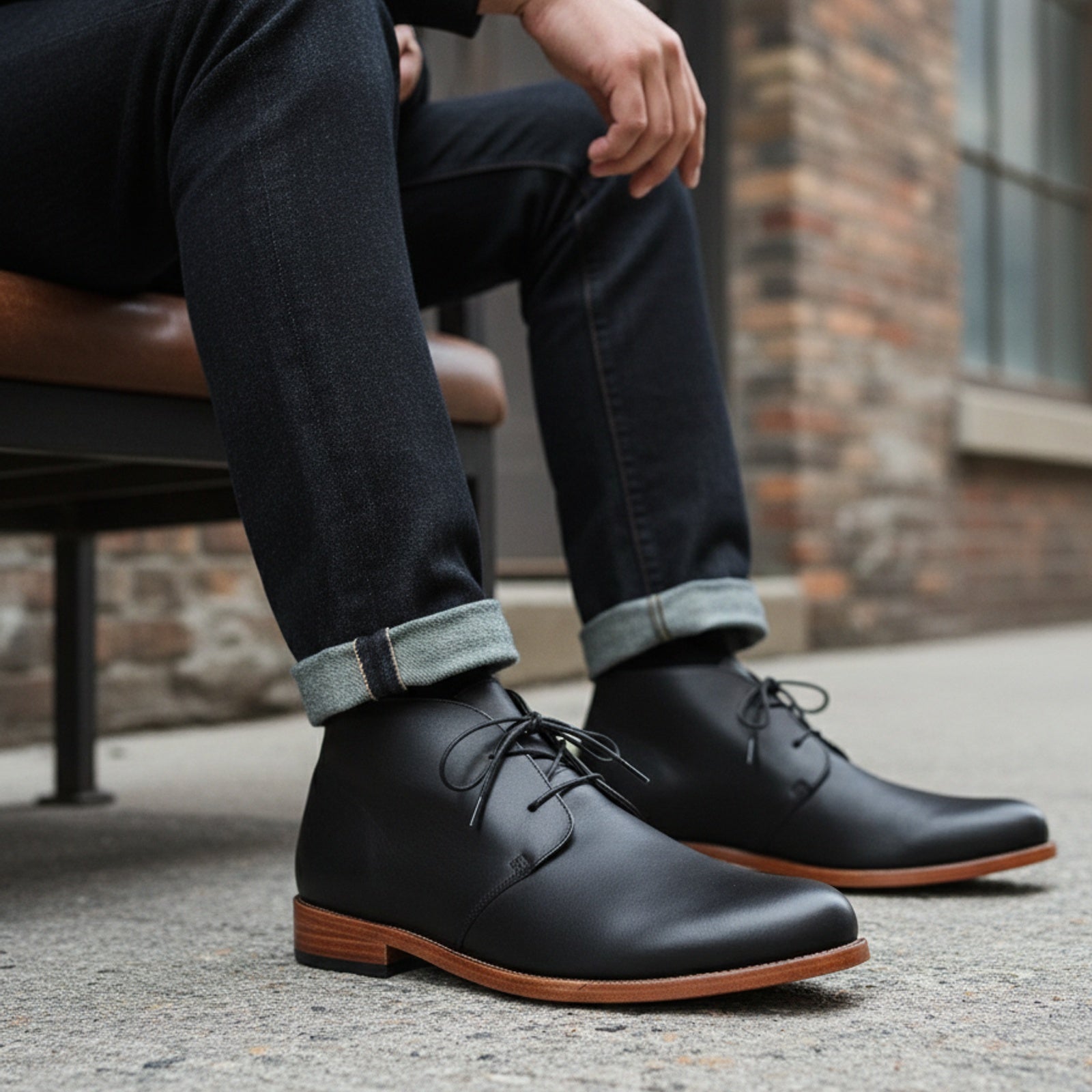 Men's Tan Black Leather Chukka Boots - model-siting