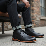 Men's Tan Black Leather Chukka Boots - model-siting
