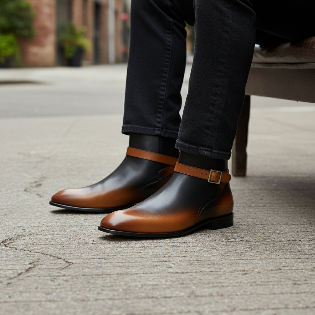 Men's Tan Black Leather Jodhpurs, Office Ankle Boots - model-siting