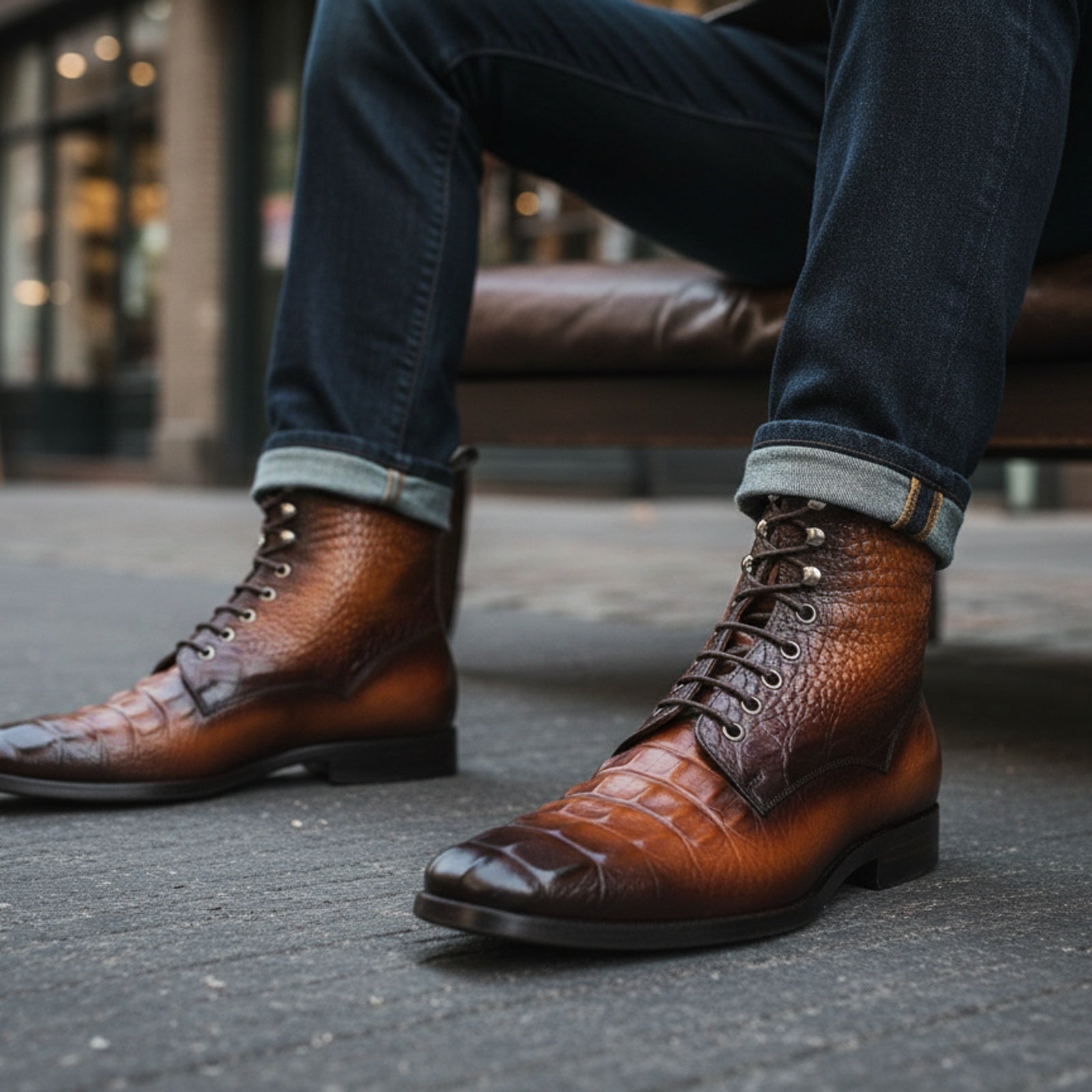 model-siting - Men's Tan Brown Leather Ankle Boots