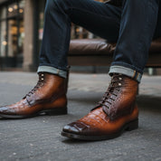 model-siting - Men's Tan Brown Leather Ankle Boots