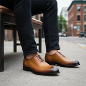 model-siting - Men's Tan Brown Leather Brogue Oxfords