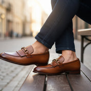 model-siting - Men's Tan Brown Leather Moccasins Loafers with Tassel Accent