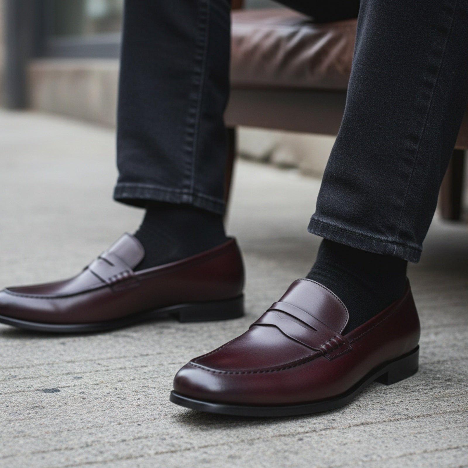 model-siting - Men's Tan Brown Leather Moccasins