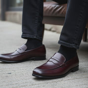 model-siting - Men's Tan Brown Leather Moccasins