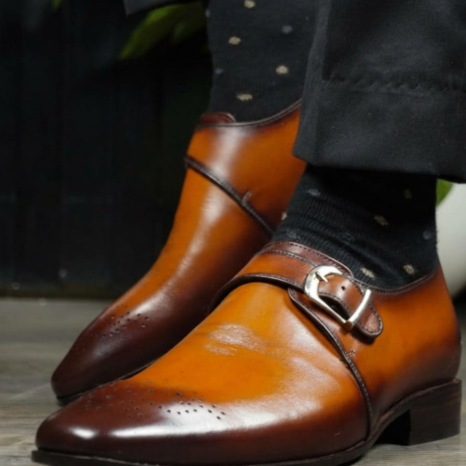 model-siting - Men's Tan Brown Leather Monk Oxfords