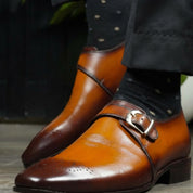 model-siting - Men's Tan Brown Leather Monk Oxfords