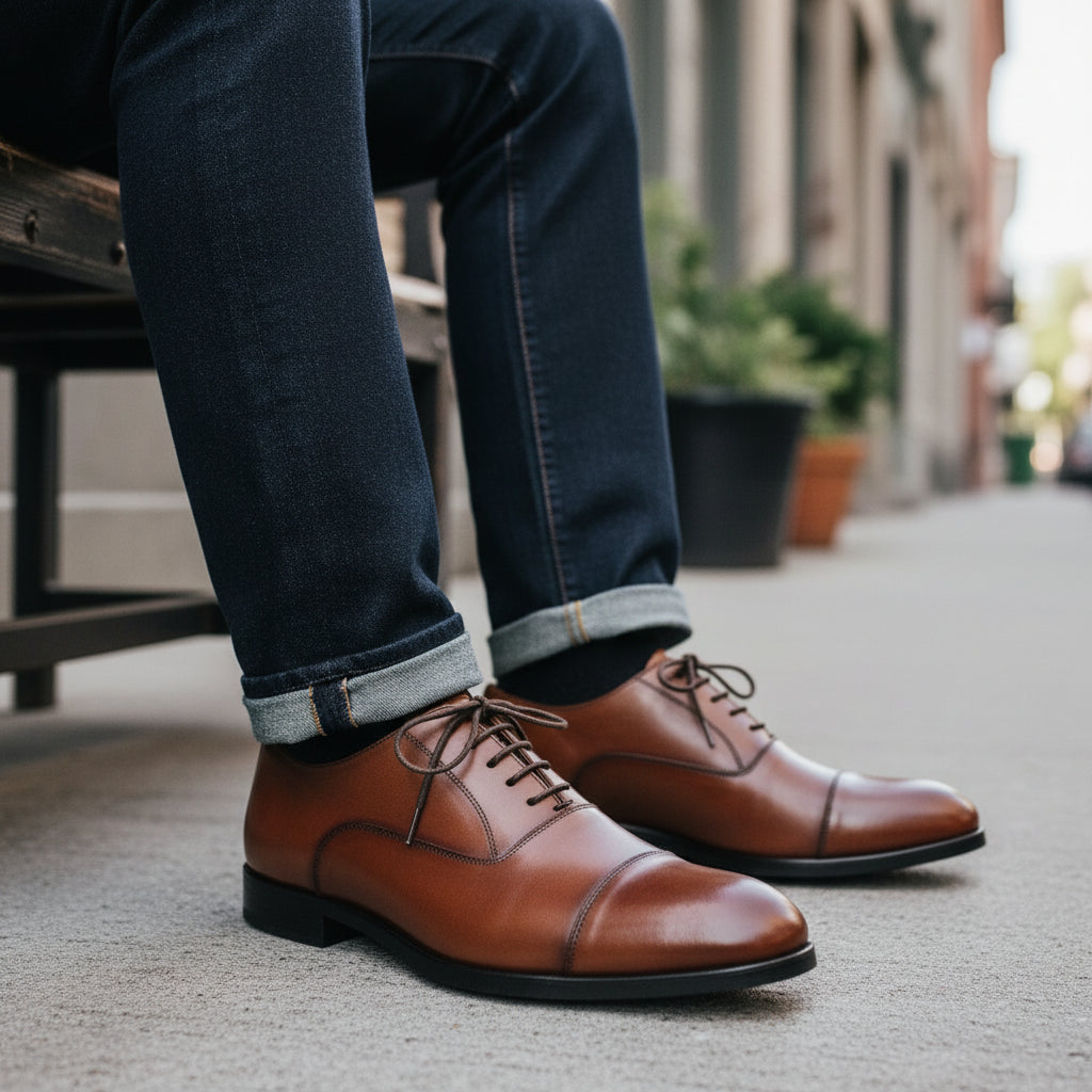model-siting - Men's Tan Brown Leather Oxford Dress Shoes