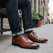 model-siting - Men's Tan Brown Leather Oxford Dress Shoes