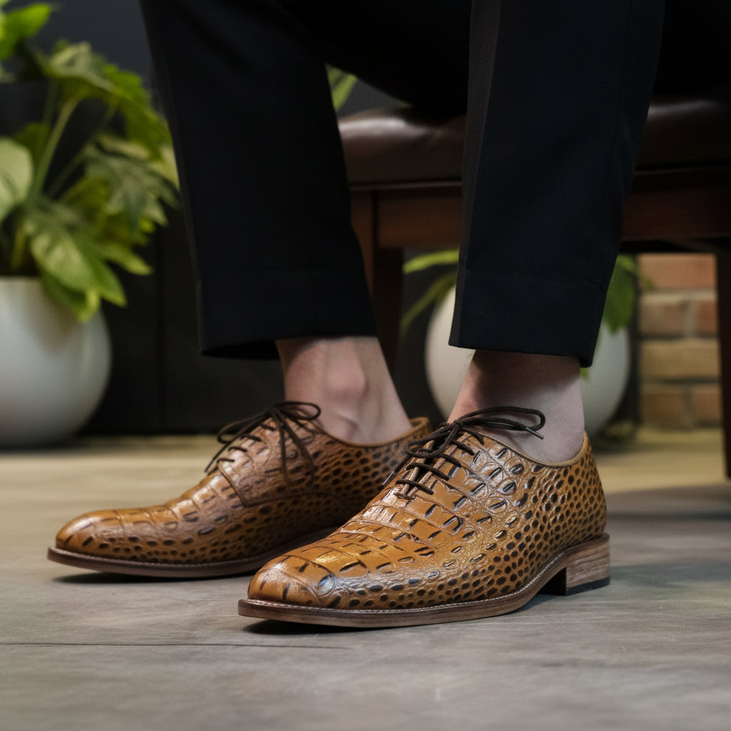 model-siting - Men's Tan Brown Leather Oxford Dress Shoes
