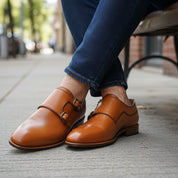 model-siting - Men's Tan Double Monk Leather Dress Shoes