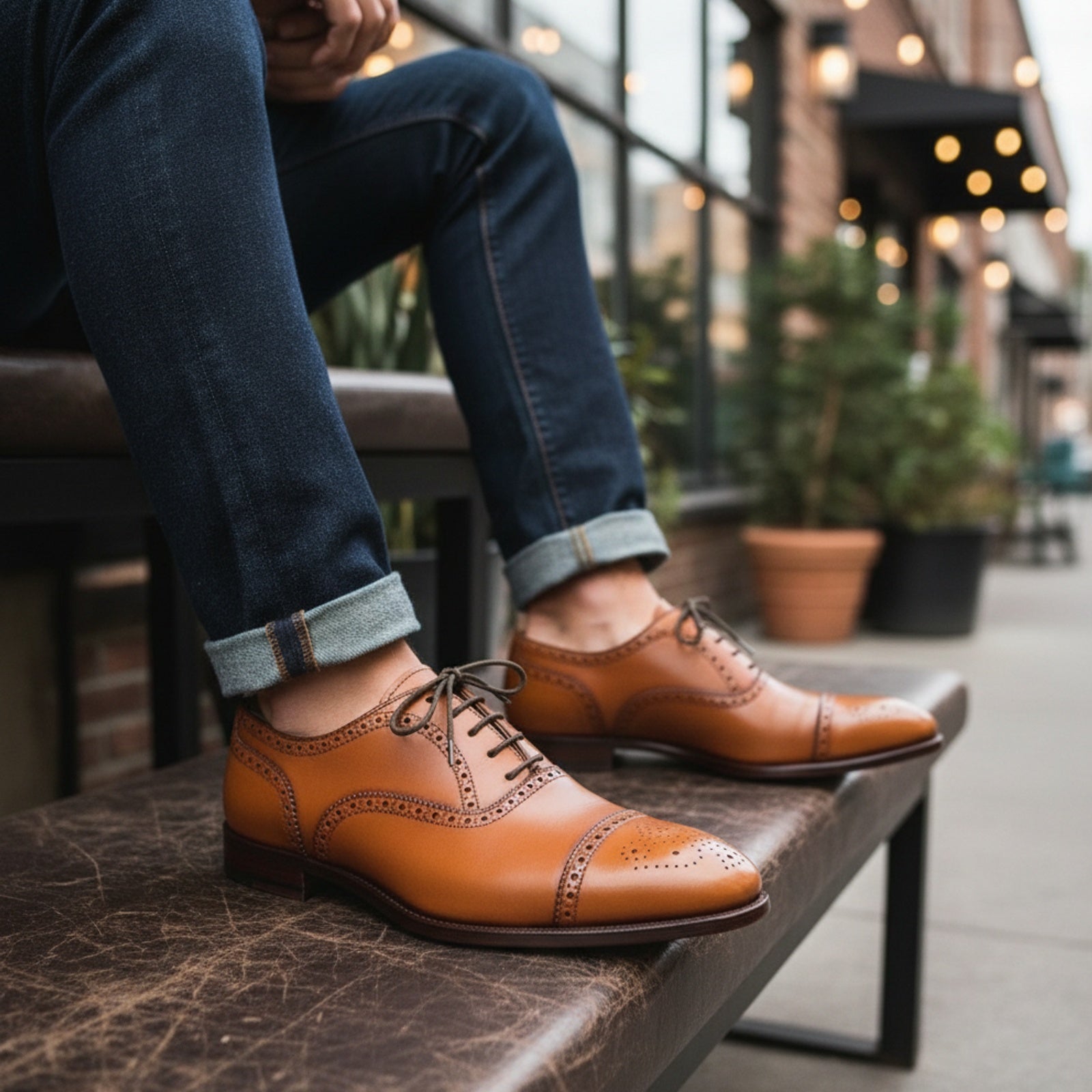 Men's Tan Leather Brogue Dress Shoes - model-siting