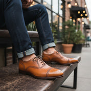 Men's Tan Leather Brogue Dress Shoes - model-siting