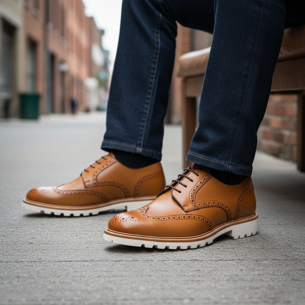 model-siting - Men's Tan Leather Brogue Shoes