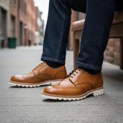 model-siting - Men's Tan Leather Brogue Shoes