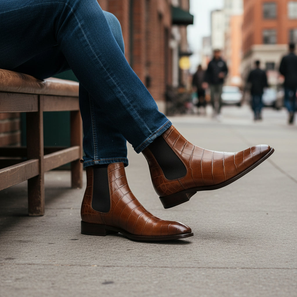 model-siting - Men's Tan Leather Chelsea Boots