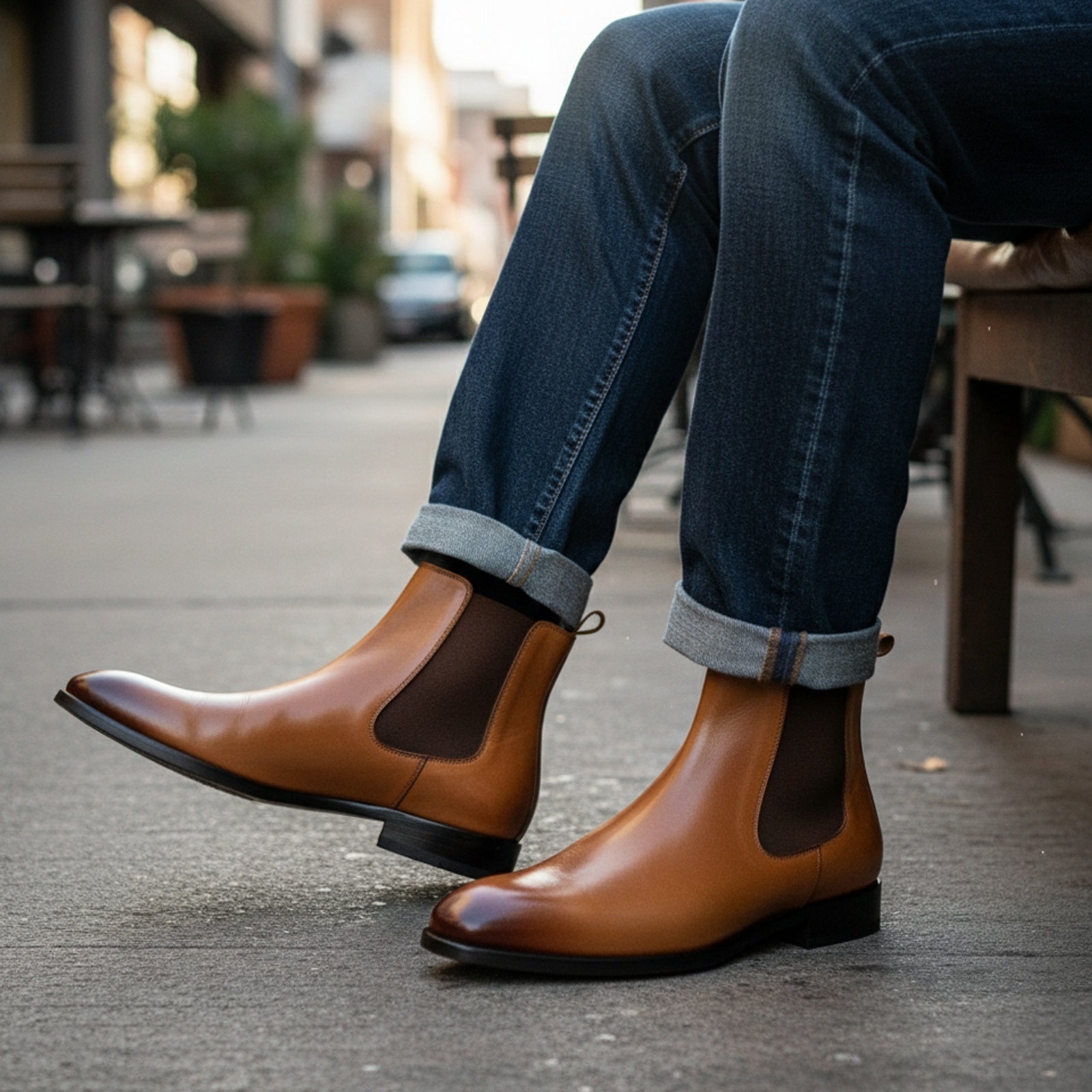 model-siting - Men's Tan Leather Chelsea Boots
