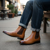model-siting - Men's Tan Leather Chelsea Boots