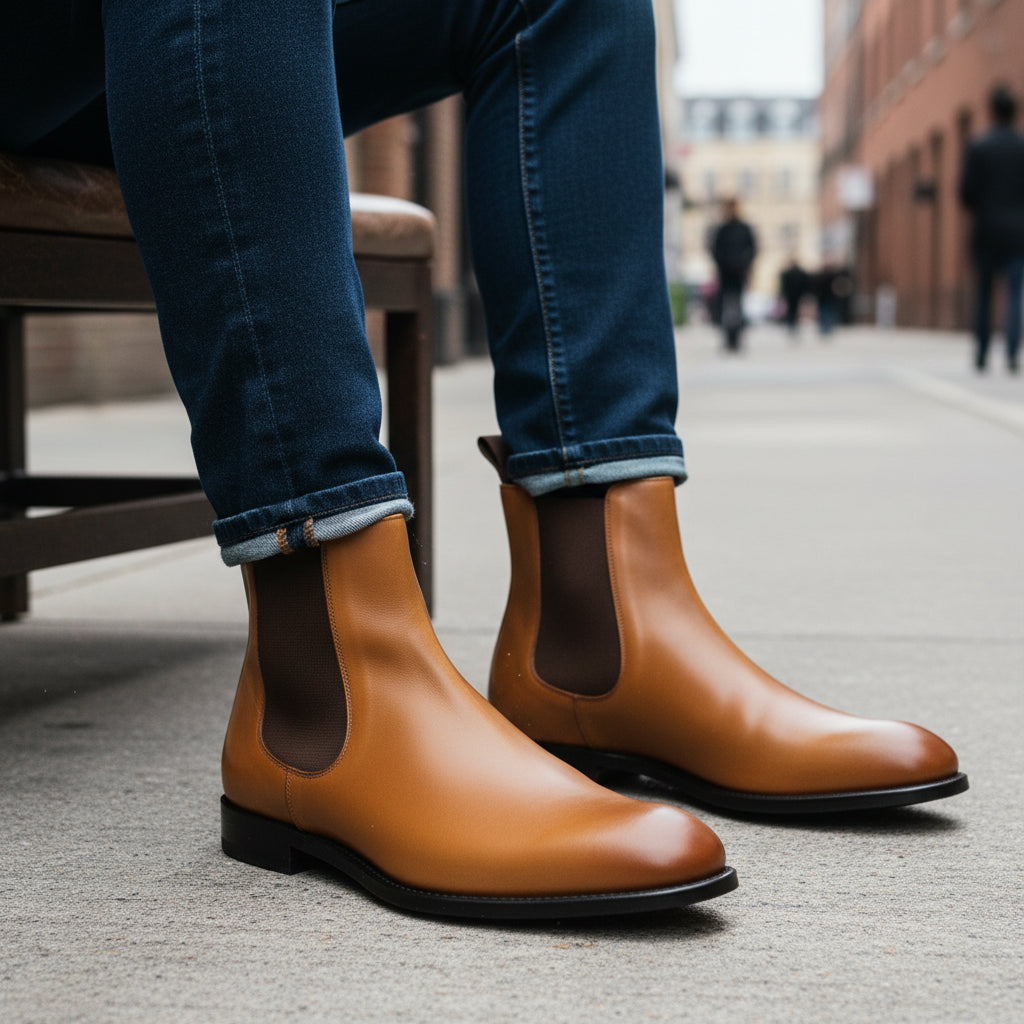 model-siting - Men's Tan Leather Chelsea Boots