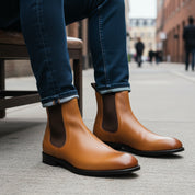 model-siting - Men's Tan Leather Chelsea Boots