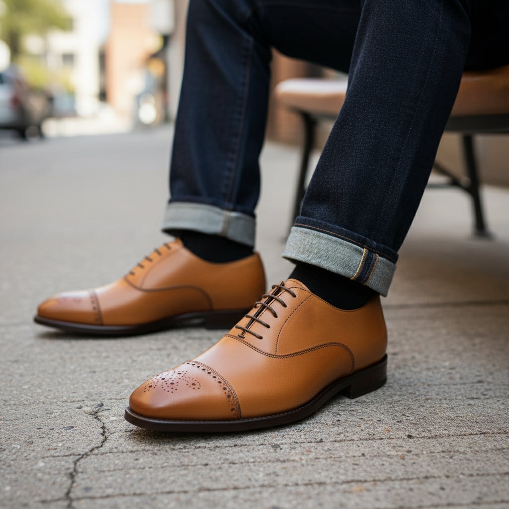 Men's Tan Leather Dress Shoes with Lace-up Closure - model-siting