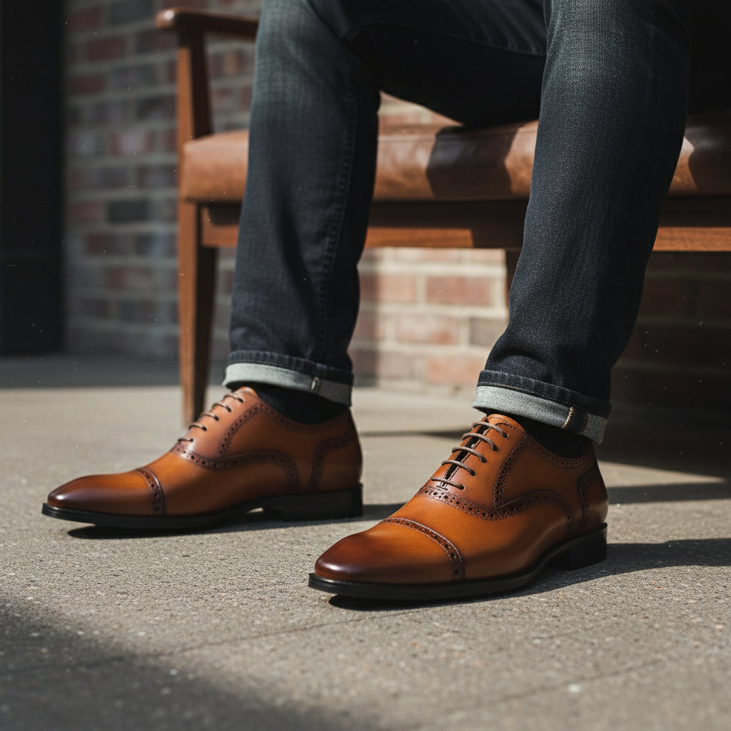 Men's Tan Leather Formal Dress Shoes - model-siting