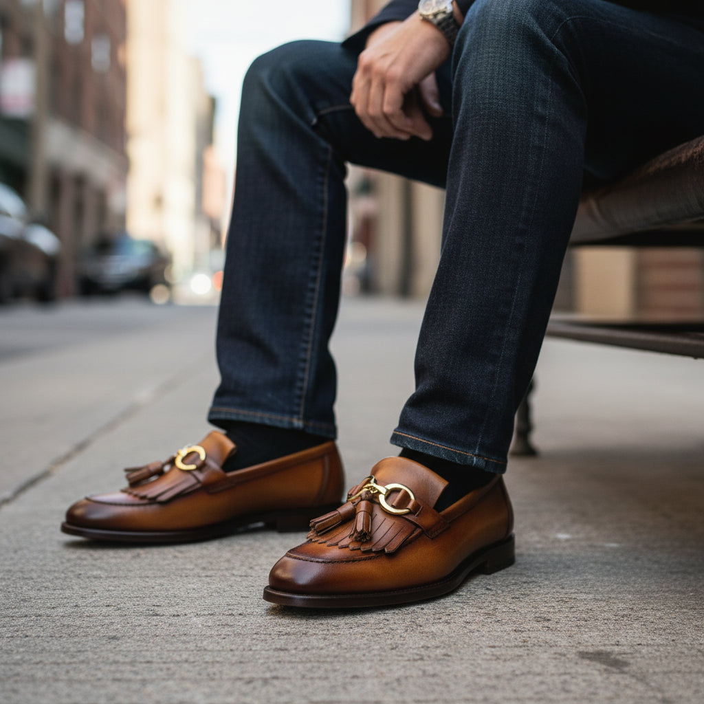 Men's Tan Leather Fringe Buckle Moccasins - model-siting