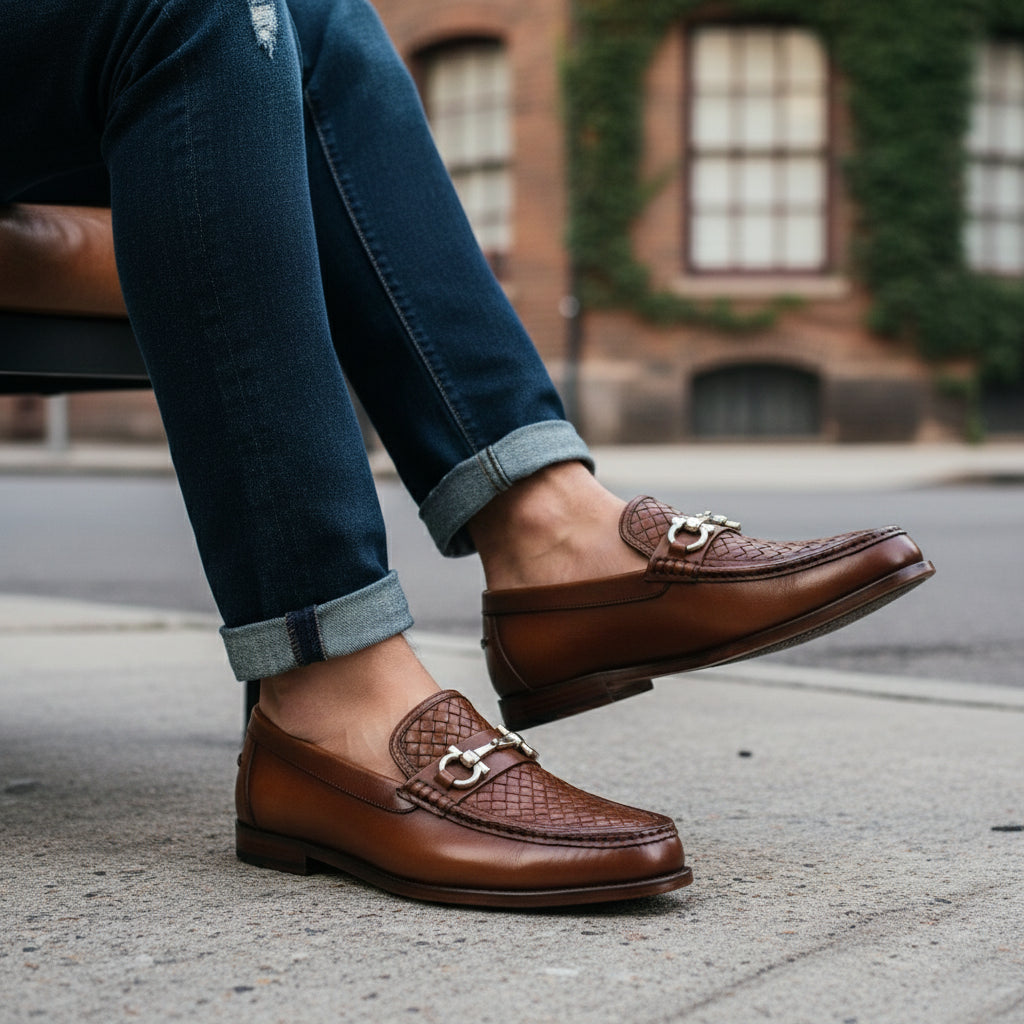 Men's Tan Leather Loafers - model-siting
