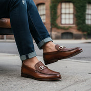 Men's Tan Leather Loafers - model-siting