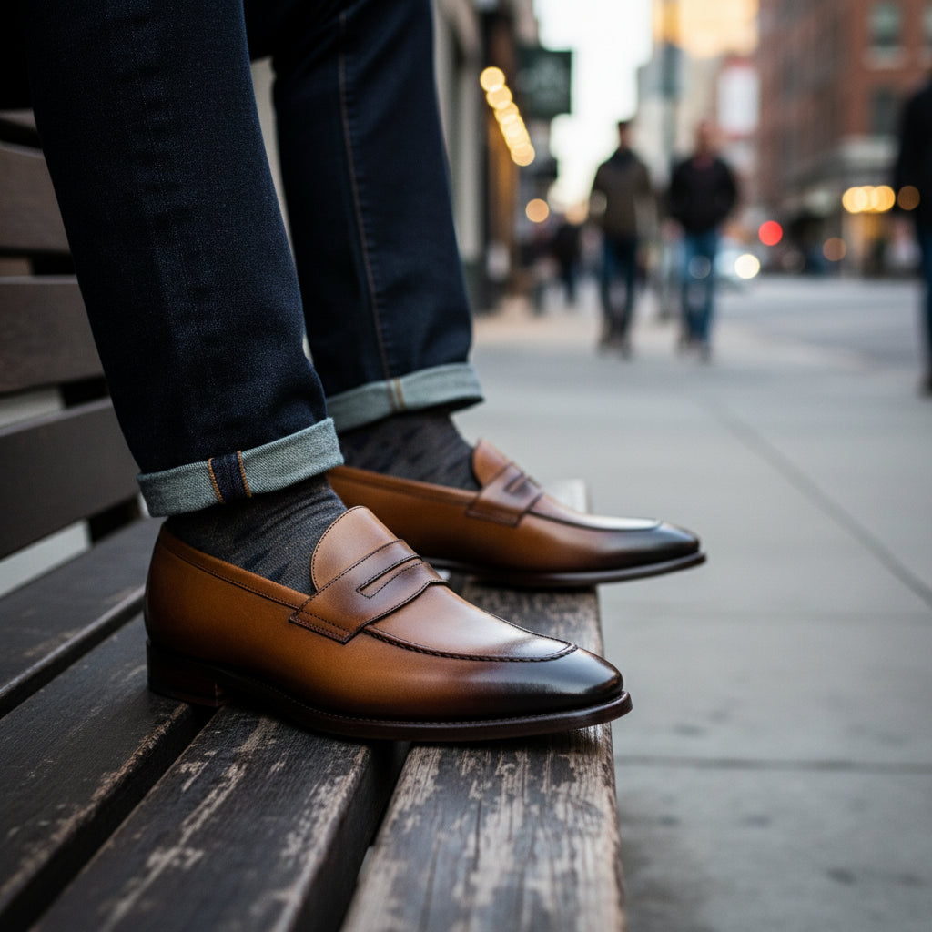 Men's Tan Leather Moccasins - model-siting