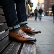 Men's Tan Leather Moccasins - model-siting