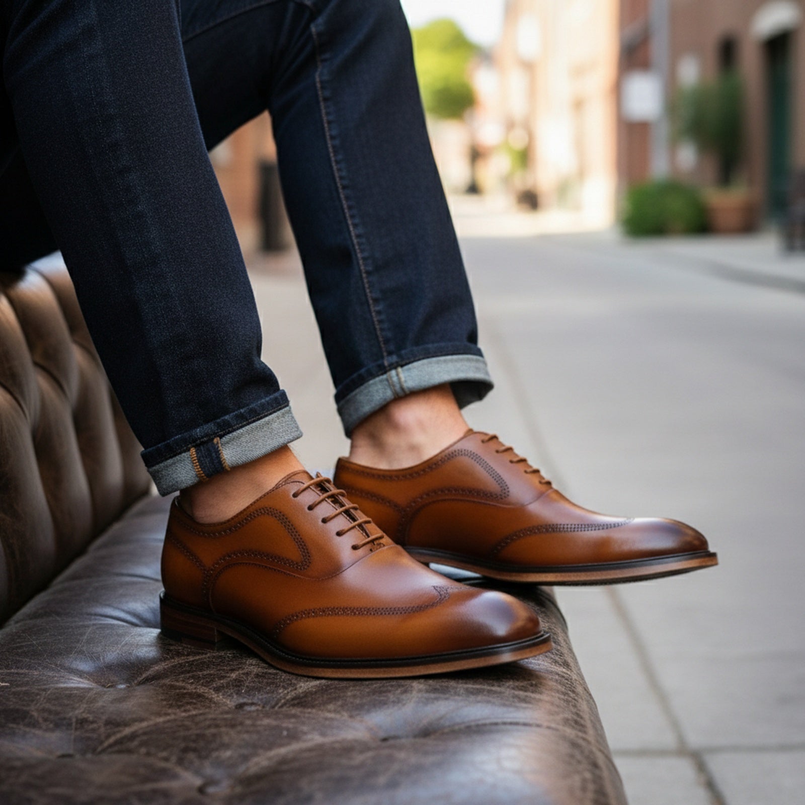 model-siting - Men's Tan Leather Oxford Dress Shoes