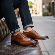 model-siting - Men's Tan Leather Oxford Dress Shoes