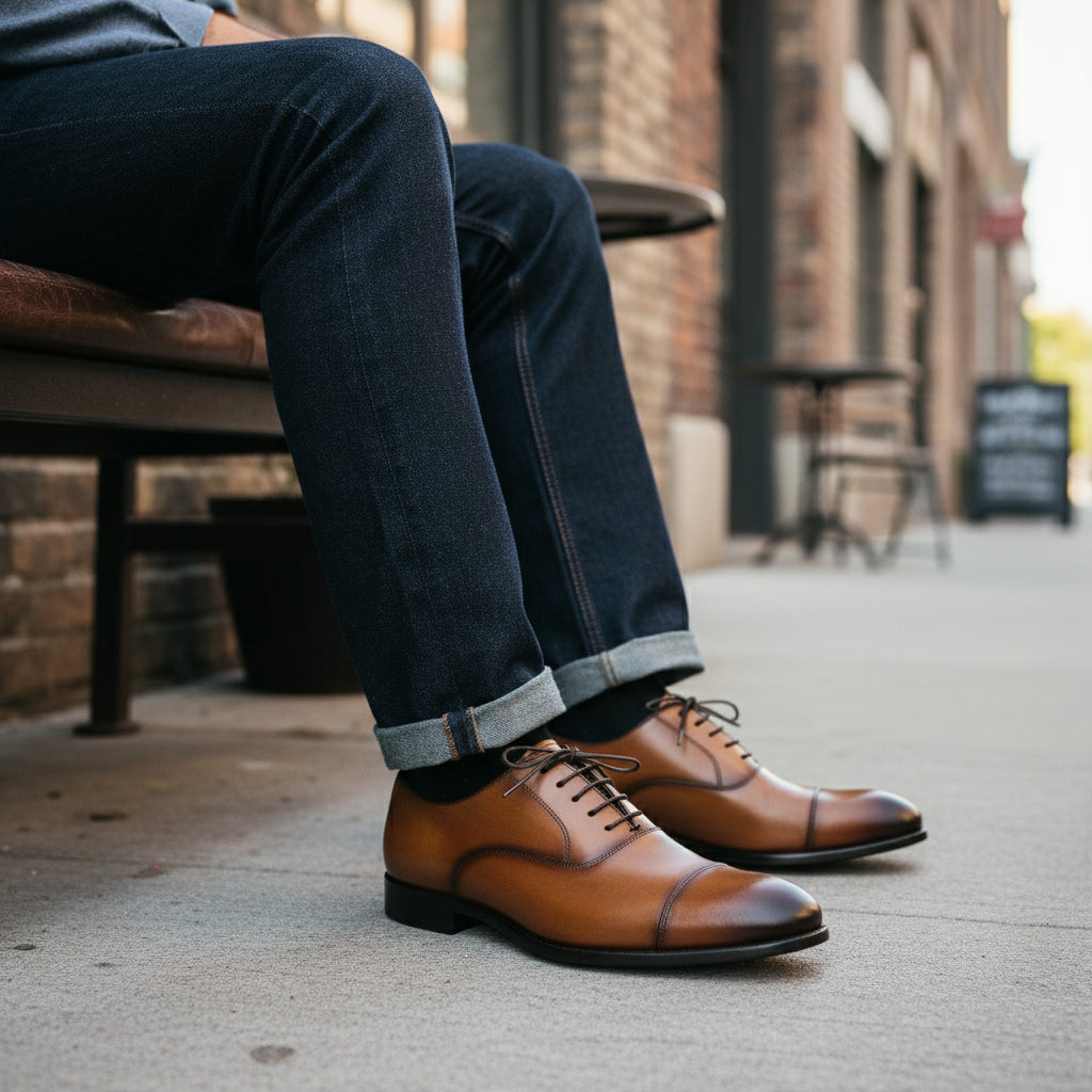model-siting - Men's Tan Leather Wingtip Brogue Dress Shoes